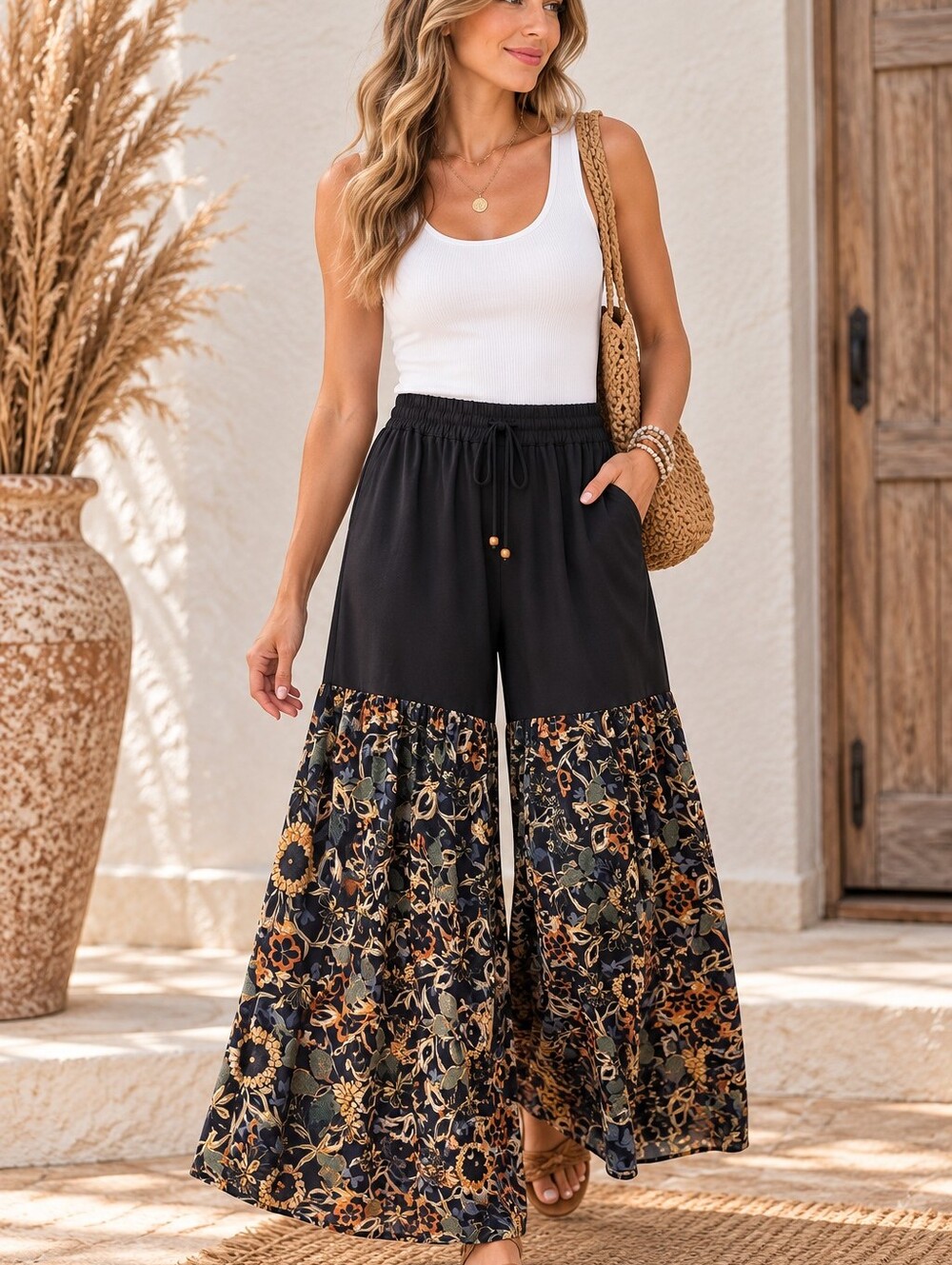🌵616. Wide Leg Floral Print Drawstring Acrylic Pants - Black